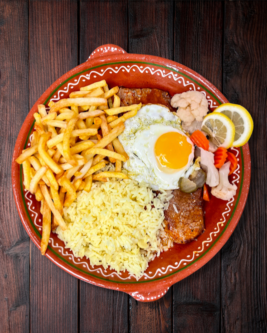 fries, rice, and steak